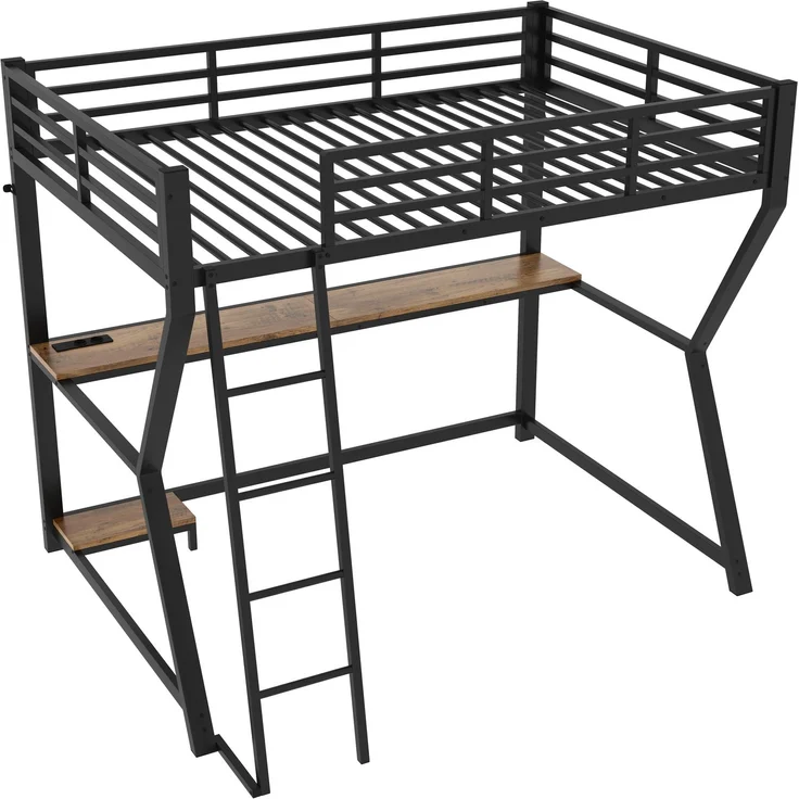 EINHOM Hochbett, 90 x 200 cm, mit LED-Leuchten, Computerkonsolenablage, Schreibtisch, Steckdose+USB, Geländer, Treppe, Schwarz (Ohne Matratze) – Bild 7