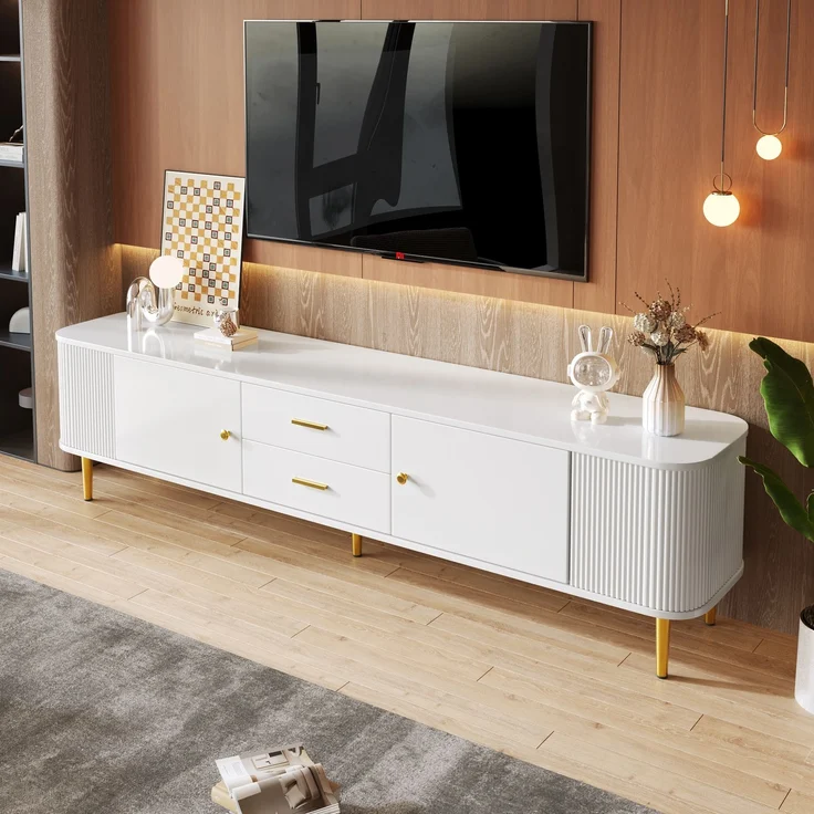 TV-Schrank Weiß mit Goldgriffen 170 x 34 x 45 cm Moderner Lowboard TV-Möbe,mit 2 Türen und 2 Schubladen – Bild 1