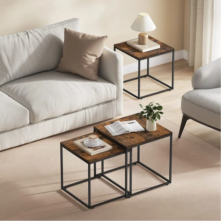 Home Collective Couchtisch 2er Set Beistelltisch Loft Design 2in1 Verschachtelung Wohnzimmer, kratzfeste Oberfläche 53cm & 43cm Rustikal-Eiche schwarzen Beinen rund – Bild 2
