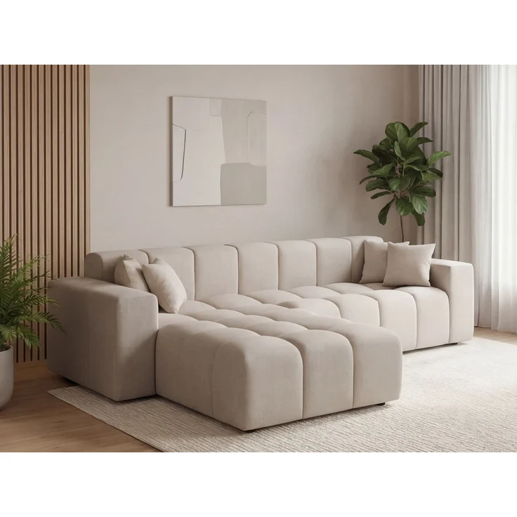 GRAINGOLD Ecksofa Loopo, Couch L-Form mit Wellenfeder, Velour-Stoff, Beige, Links – Bild 3