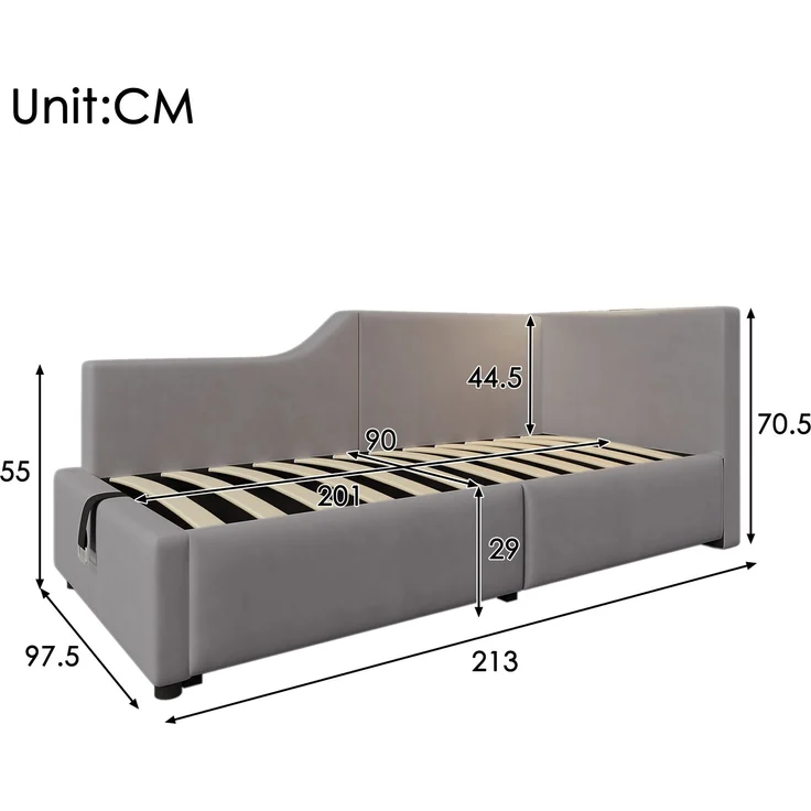 EINHOM Polsterbett Tagesbett Daybett 90 x 200 cm, Schlafsofa mit Hydraulischem Stauraum, Leselichtfunktion und USB-C-Ladefunktion, Kinderbett Jugendbett Bettgestell mit Lattenrost aus Holz, Samt, Grau, (Ohne Matratze) – Bild 2