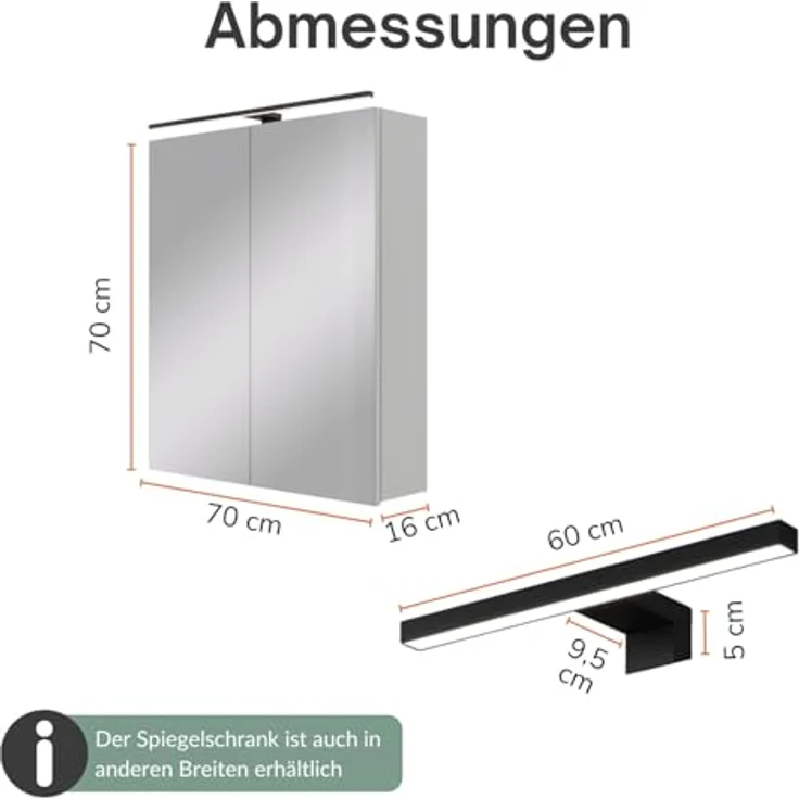 Planetmöbel ARIA Spiegelschrank Bad mit Beleuchtung 70 cm breit | Badschrank hängend mit Spiegel | Weiß Grau, mit Leuchte und Steckdose, Spiegelschrank Gäste WC 70 x 70 x 16 cm – Bild 4