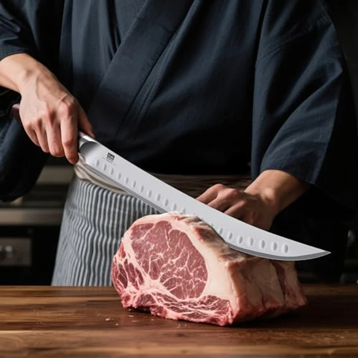 SHAN ZU Fleischmesser 30cm, Japanisches Tranchiermesser für Fleisch & Schinken, Metzgermesser mit 10 CR15Mov hoher Kohlenstoff -Edelstahl -Scharfe und ergonomische Pakkawood -Griff - Okinawa -Serie – Bild 8
