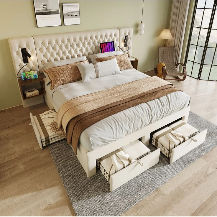 Bettanlage 180x200 cm mit 2 Nachttischen, 4 Schubladen, Leselampen und USB-/Type-C-Ladestation – Beige – Bild 2