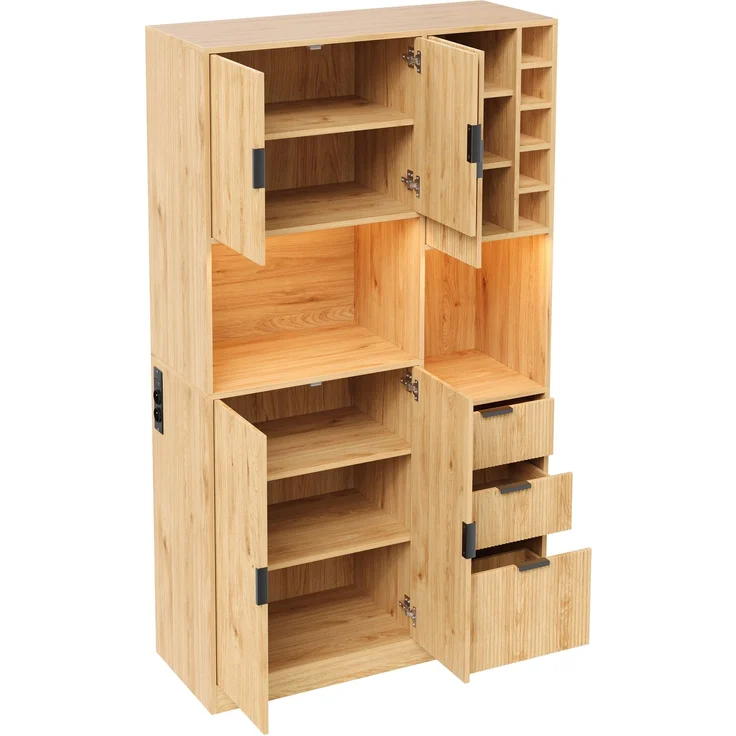 ZUBALIYA Weinschrank 105x40x180 cm, mit LED-Beleuchtung, mit Steckdosen, mit verstellbaren Einlegeböden, aus MDF, Natur – Bild 17