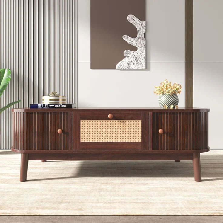 Merax Couchtisch - Rattan-Kaffeetisch, Schubladen mit Rattan und Schiebetüren mit Massivholzlatten, Massivholzbeine, braun – Bild 2