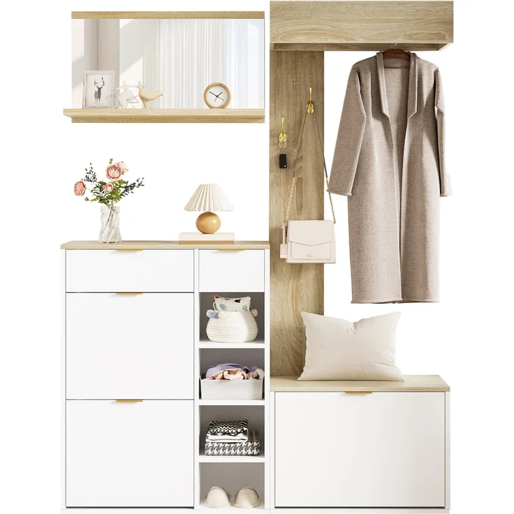 CHICFURN Schrank 130x174x30 cm, 4-tlg. Garderoben-Set mit Schuhschrank und Sitzbank Natur+Weiß – Bild 7
