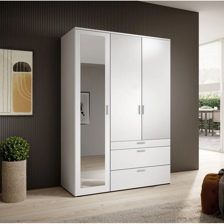 Kleiderschrank >Vesala< in Weiß mit Spiegel, Melamin - 135x195x56cm (BxHxT) – Bild 6