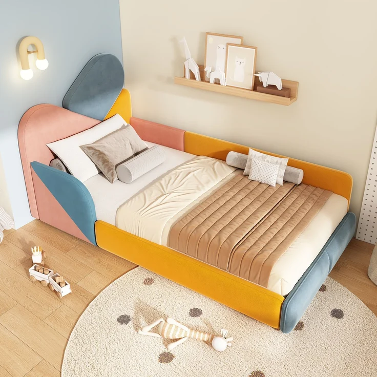 TavilaEcon Polsterbett Weiches Bodenbett mit gepolstertem Kopfteil & Fallschutz Blau+Pink+Orange Liegefläche 90 × 200 cm – Bild 2