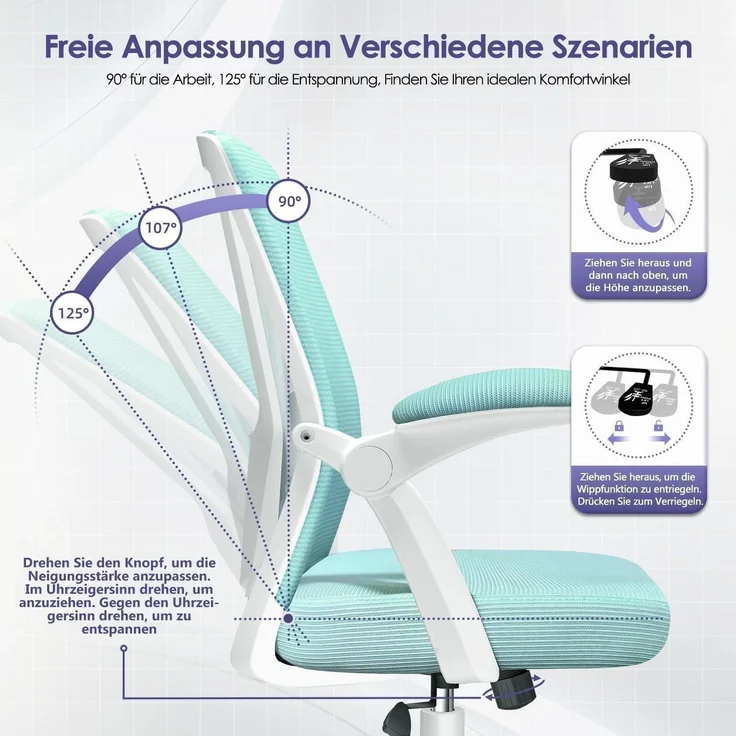 Bürostuhl Lendenstütze Armlehnen Wippfunktion 150kg Blaugrün Model 2 – Bild 6