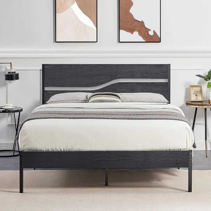 VECELO Bettgestell 140x200 cm, Metallbett mit Doppelschicht Holzkopfteil und Lattenrost, Modern Gästebett Jugendbett mit Stauraum Unter Dem Bett, Perfekt für Schlafzimmer, Schwarz