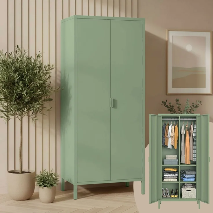 skølm 'Ituri' Kleiderschrank, Metall, 170x45x80 cm, mintgrün, Garderobe mit 4 Fächern und 2 Kleiderstangen – Bild 1