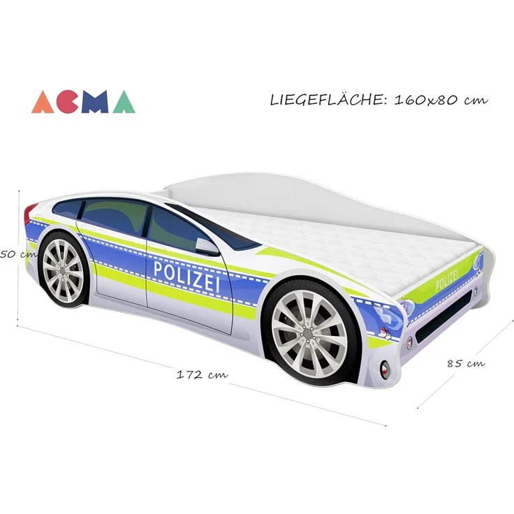 ACMA Kinderbett Auto-Bett Polizei mit Rausfallschutz, Lattenrost und Matratze (Polizei 1, 160x80 cm + Name) – Bild 3