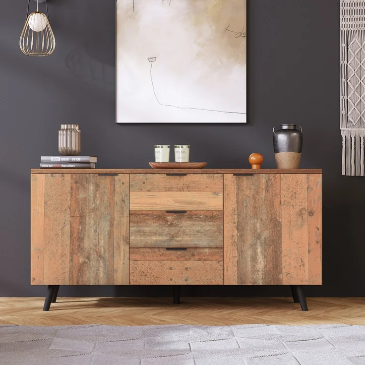 ZUBALIYA Kommode 140x35x70 cm, mit verstellbaren Einlegeböden, aus Spanplatte, Antikbraun – Bild 6