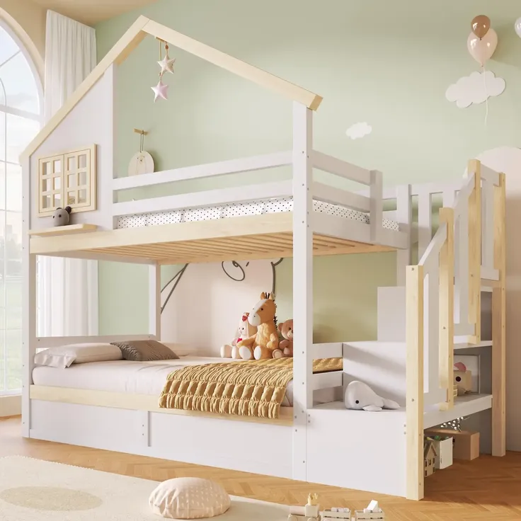 Etagenbett mit 2 Liegeflächen, Rausfallschutz, Stauraum und Lattenrosten, Treppe mit Regal, 90x200 cm/90x200 cm, Kinderbett, Stauraumbett, Kiefer – Bild 3