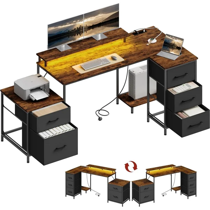 Woltu Eckschreibtisch, Schreibtisch L Form 180x80cm mit 5 Schubladen 2 Ablagen&Steckdosen LED – Bild 1
