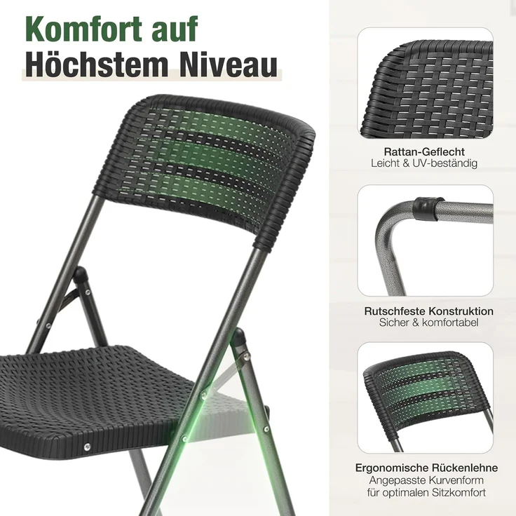 Sekey 46x53x84 cm Klappstuhl 4er Set Gartenstuhl Klappbar Rattan-Optik Schwarz – Bild 7
