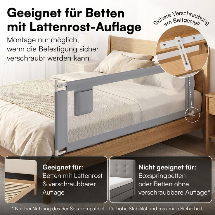 Bellabino 'Drina' Bettschutzgitter, Rausfallschutz klappbar & höhenverstellbar, aus Oxford-Stoff & Metall, 180 cm, hellgrau – Bild 7