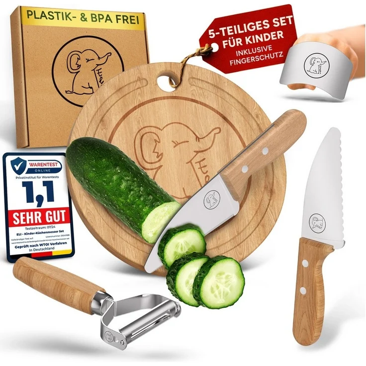 Eli Kinderkochmesser Küchenmesser Kinder Set inkl. Schneidebrett, Schäler und Fingerschutz, 5 teiliges hochwertiges Schneidemesser Set - rostfreier Edelstahl – Bild 5