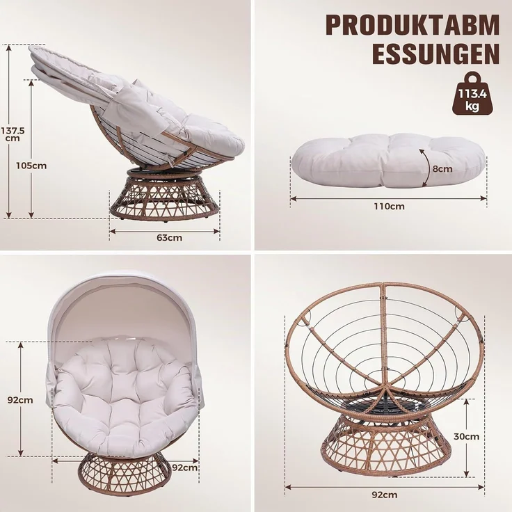 COMHOMA Papasansessel, gemütlicher Drehsessel mit Kissen rund, bequemer Rattansessel, Loungesessel drehbar, runder Relax Korbsessel Rattan für Wohnzimmer, Leseecke, Lounge - BEIGE – Bild 3