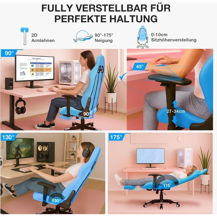 Gaming Stuhl mit 7 Punkt Massage Fußstütze Ergonomischer Bürostuhl Blau – Bild 7