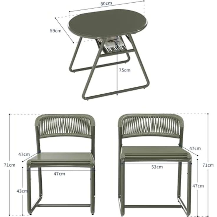 GarveeHome Bistrotisch mit 2 Stühlen, Modernes 3-teiliges Bistro-Set für Garten, Balkonmöbel Set mit 80cm Tisch&2 Stühle aus wetterfestem, Terrassenmöbel Möbel Set für Kleinen Balkon（Graugrün） – Bild 6