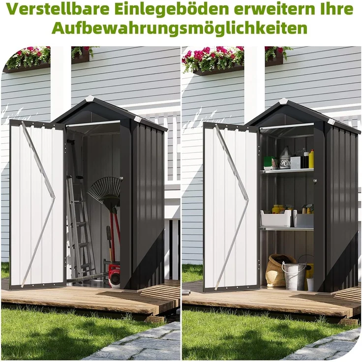 Aoxun Metall-Gartenschuppen 88x69x160cm mit Bodenplatte & 2 Ablagen | verstellbaren Ablagen, kompakter Gartenschrank wetterfestes Metall mit abschließbarer Tür für Balkon Terrasse Garten,Schwarz – Bild 5