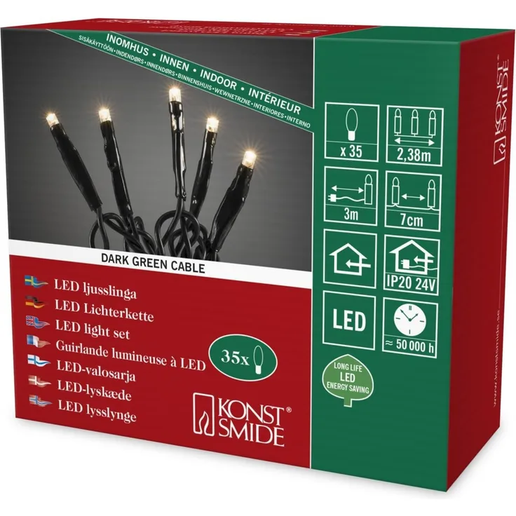 Konstsmide 6352-120 Micro LED Lichterkette / für Innen (IP20) / 24V Innentrafo / 35 warm weiße Dioden / schwarzes Kabel