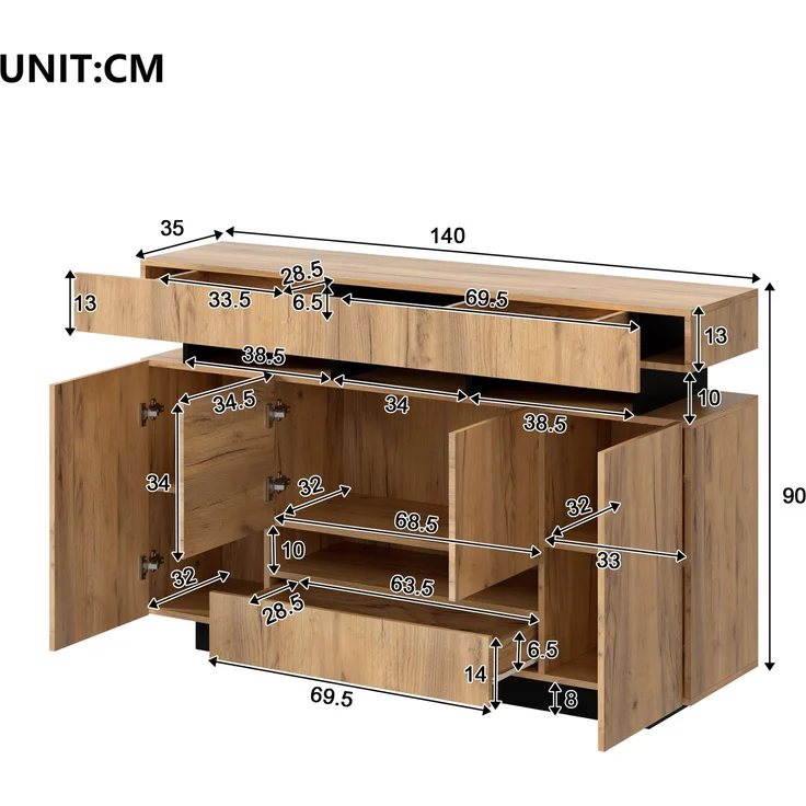 Sideboard 140 x 35 x 90 cm mit 4 Türen, 3 Schubladen und RGB-Beleuchtung – Natur/Schwarz – Bild 5