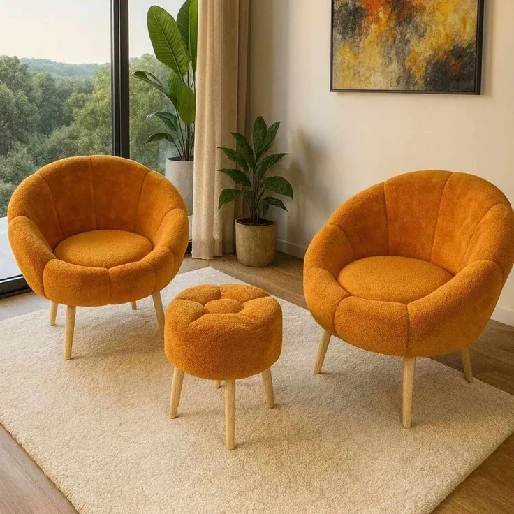 Hanah Home Stilvolles Ohrensessel- und Pouf-Set (3-teilig), Orange, 100% Wellssoft-Gewebe, 18 mm melaminbeschichtet | Perfekt für Moderne Wohnräume