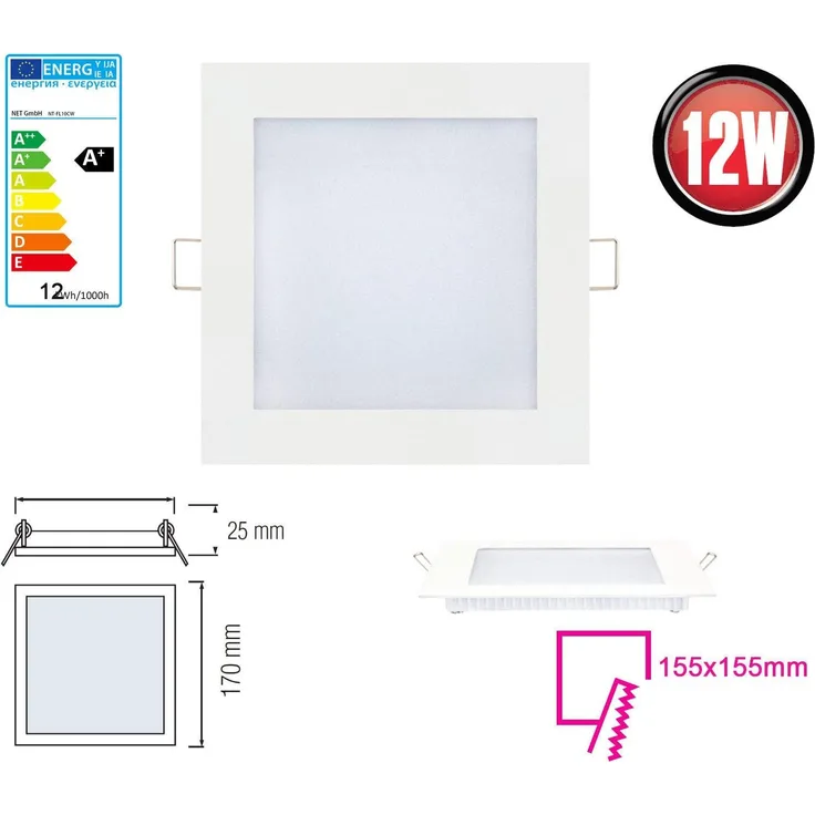 10x 12W LED Panel 170 x 170mm Einbaustrahler Spot Einbauleuchte Neutralweiß 910 Lumen Deckenleuchte Eckig