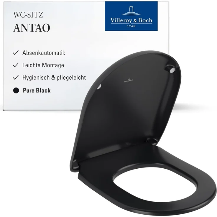 Villeroy & Boch Antao WC-Sitz, Toilettendeckel mit Absenkautomatik, abnehmbarer Toilettensitz aus bruchsicherem Duroplast, Klodeckel Original Ersatzteil, D-Form, Pure Black, matt – Bild 1