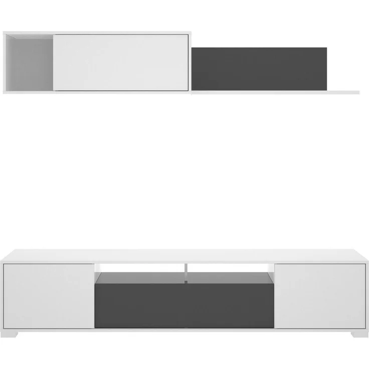 Dmora Abbete Wandsystem, TV-Ständer-Wohnzimmerset, Mehrzweck-Wohnzimmermöbel, 200x41h180 cm, Glänzendes Weiß und Anthrazit – Bild 6