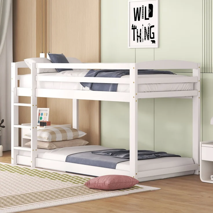 Kinder Etagenbett 90x200 cm,Platzsparendes Holz-Etagenbett mit Leiter und Sicherheitsgeländer,Jugendbett,Weiß – Bild 2