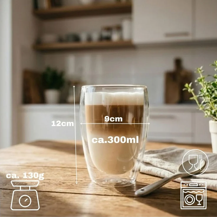 BigDean Latte-Macchiato-Glas 300ml doppelwandige Latte Macchiato Gläser Borosilikatglas, 6-tlg, Borosilikat-Glas, Doppelwandig, Borosilikatglas, Spülmaschinenfest – Bild 3