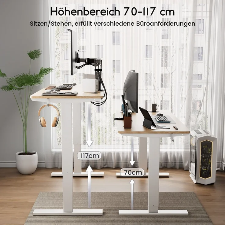 HOMAVO höhenverstellbarer Schreibtisch 60×110 cm, mit Memory- und Anti-Kollisionsfunktion, Höhe 70–117 cm, Naturholzfarbe – Bild 3