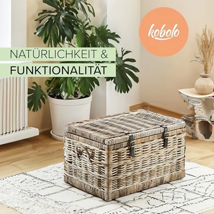 Kobolo Truhe Sitztruhe aus Rattan mit Griffen Kubu Grau 70 cm (1 St), mit Stauraum – Bild 2