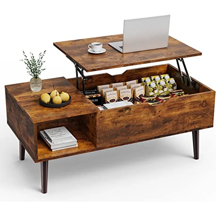 Sweetcrispy Couchtisch Höhenverstellbar, Tisch Wohnzimmertisch, offener und versteckter Stauraum Couchtisch, Sofatisch Beistelltisch, 100x50 cm Sofatisch aus Holz für Wohnzimmer, Braun – Bild 2