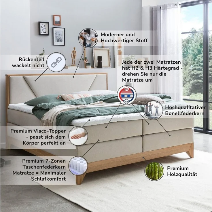 Belanoti Boxspringbett Riviera (Boxspringbett 180x200 Eiche 7-Zonen Taschenfederkern Matratze inkl, Visco Topper Bett 180x200 in der Farbe Beige H2/H3 Polsterbett), Hotelbett mit Massivholz Eiche Massivholzbett – Bild 3