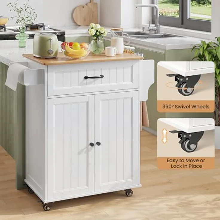 Bealife Küchenwagen mit Handtuchhalter und Gewürzboard, Kücheninsel auf Rollen, Bewegliche Küchenwagen mit Arbeitsplatte, Servierwagen für Küche, Esszimmer, Flur (weiß) – Bild 6