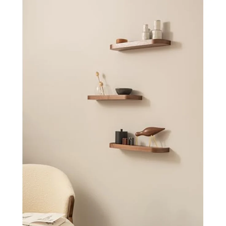 Kazai.® Wandregal-Set 'Toke' | 3 Hängeregale in Echtholz-Veneer | Schwebendes Holzregal als Wanddeko und Ablage für Bad, Wohnzimmer, Küche, Schlafzimmer und mehr | Walnuss – Bild 7