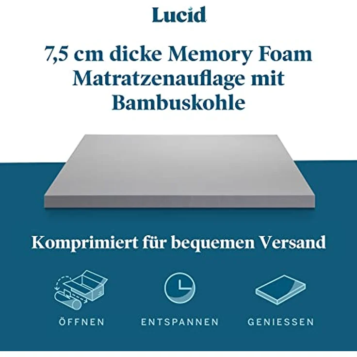 LUCID Memory Foam Matratzen Topper 90x190 cm mit Bambuskohle, 7,5 cm dicke Matratzenauflage 90x190 cm – Bild 3