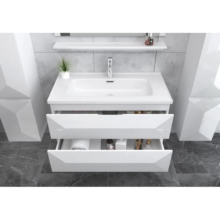 Miran Badmöbel Set 90 cm Weiß Hochglanz mit Spiegel 2x Seitenschrank (Links + Rechts), 1x Waschbeckenunterschrank, 1x Spiegelablage, 1x Spiegel – Bild 2