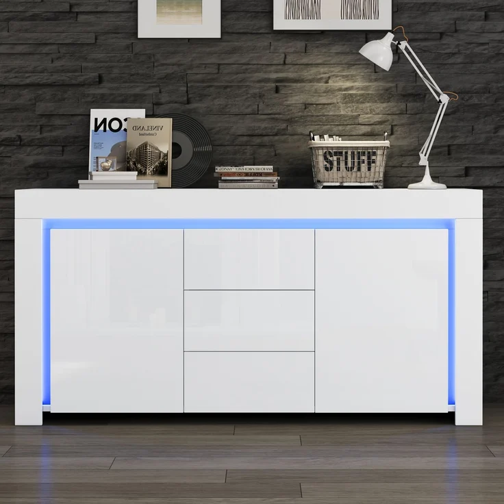 Merax Sideboard, Kommode mit 3 Schubladen, 2 Türen, Hochglanz Beistellschrank mit LED-Lichtleiste, Wohnzimmerschrank mit Stauraum, Weiß – Bild 1