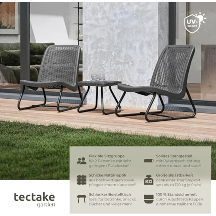 tectake Sitzgruppe Balkonmöbel Modica in Rattanoptik für 2 Personen, ergonomisch, (Set, 3-tlg), Pulverbeschichteter Stahl – stabil & hoch belastbar – Bild 2
