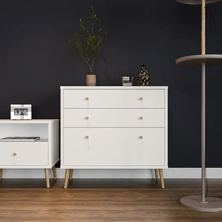 Forte HARLLSON Sideboard 90, Mid-Century-Modern Stil, leichte Montage Dank EasyKlix by Forte, 3 Schubladen, hohe Füße, Holzwerkstoff, Weiß, 89,8 cm breit x 86,5 cm hoch x 41,5 cm tief – Bild 2