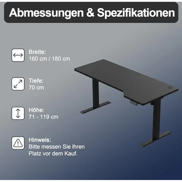 JUMMICO HöHenverstellbarer Schreibtisch 160x70 cm L-förmiger Schreibtisch Höhenverstellbar Elektrisch,Ergonomie Gaming Tisch mit Haken (Schwarz) – Bild 7