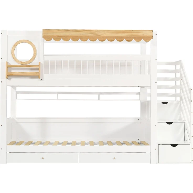 Merax Kinderbett, 90x200cm Jugendbett, Etagenbett, Zwei Aufbewahrungsschublade mit Rollen, Mit Treppenschrank, Mit mit einer Reihe von 2 Meter langen Regalen, Seitliche Ablage, Kiefer + MDF, Weiß – Bild 9