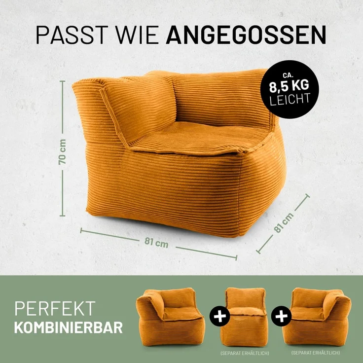 Lumaland Sitzsack-Sofa, Polyester, Eckteil, Cord - Senfgelb, 70 x 81 x 81 cm – Bild 2