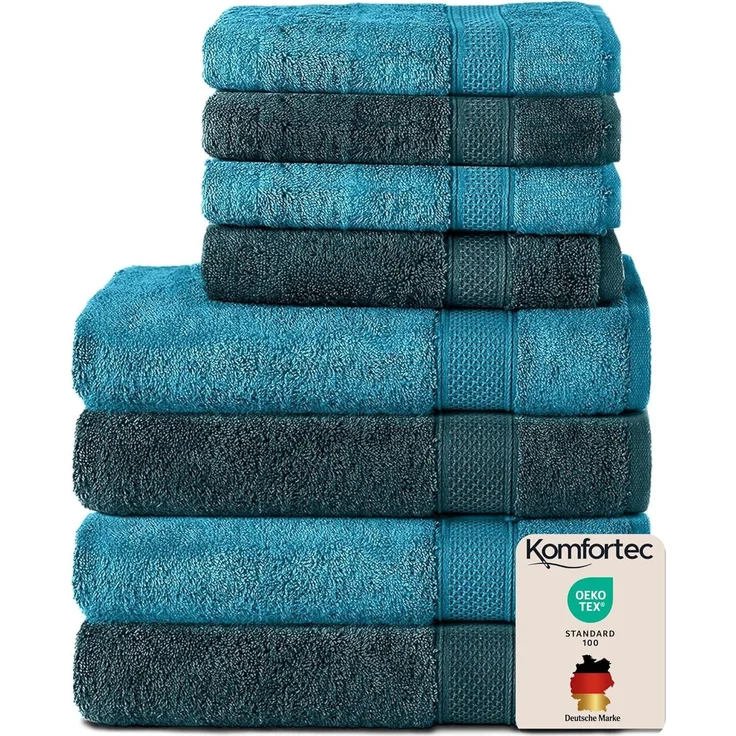 Komfortec 8er Handtuch Set aus 100% Baumwolle, 4 Badetücher 70x140 und 4 Handtücher 50x100 cm, Frottee, Weich,Groß, Türkis/Petrol – Bild 1